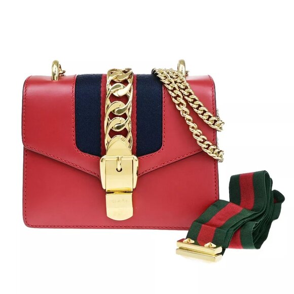 AUTHENTICITY GUARANTEED GUCCI Logo Sylvie Chain Mini Shoulder Bag Leather Red - Picture 1 of 16